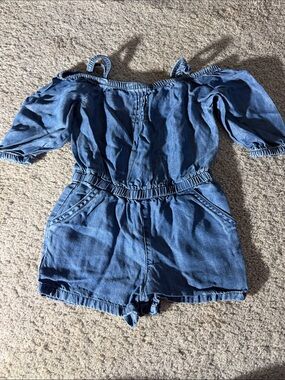 Girls Denim Off-Shoulder Romper in Blue